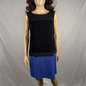 LOFT Black Blue Color Block Sleeveles Midi Shift Dress 10 Medium Business Casual